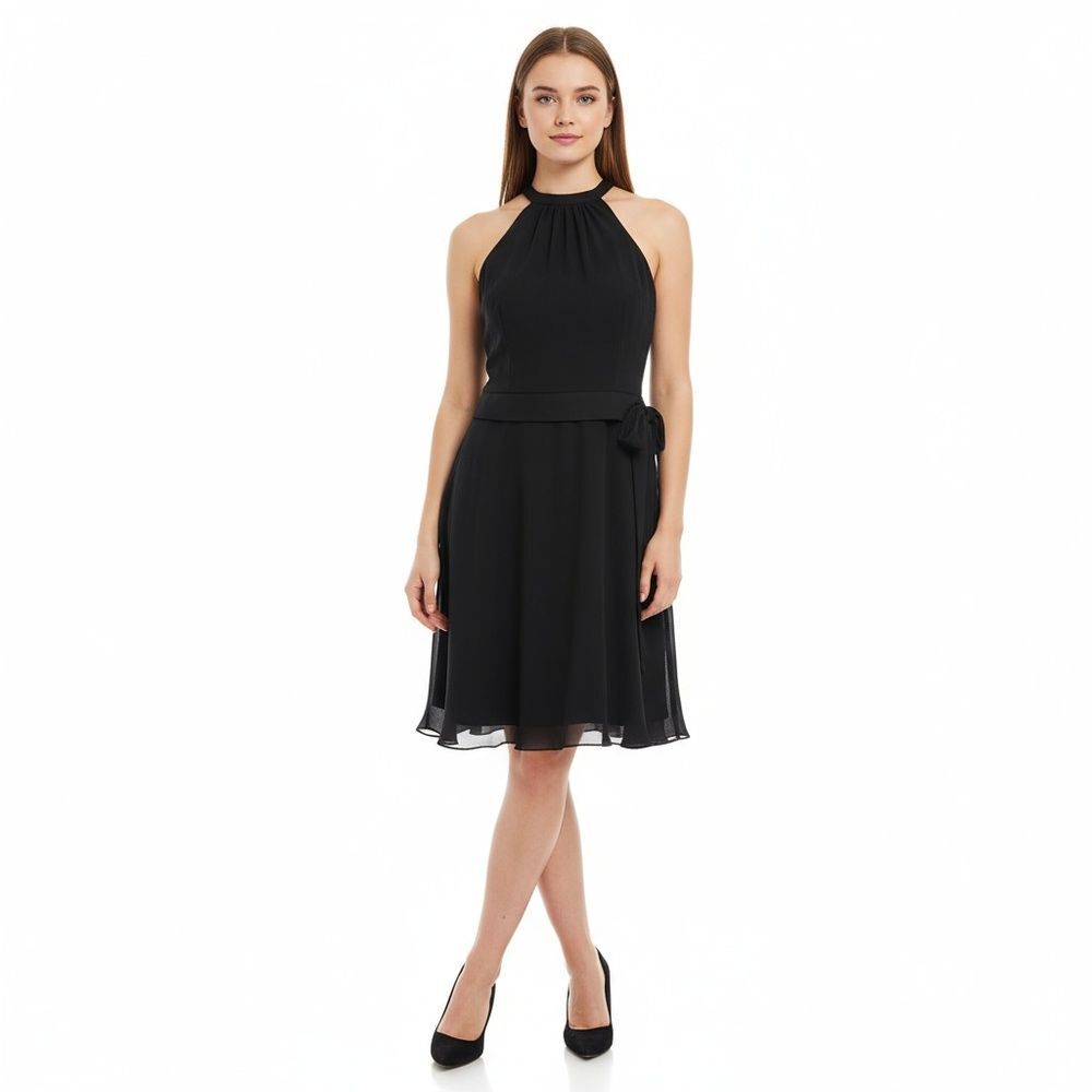 Jones Wear Dress Black Cocktail Halter Neck Banded Waist Sheer Overlay Size 10